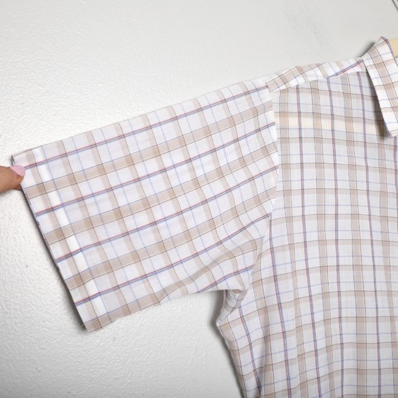 Vintage Sears The Men's Store Plaid Short Sleeve Button Down Shirt White Beige - Picture 8 of 12